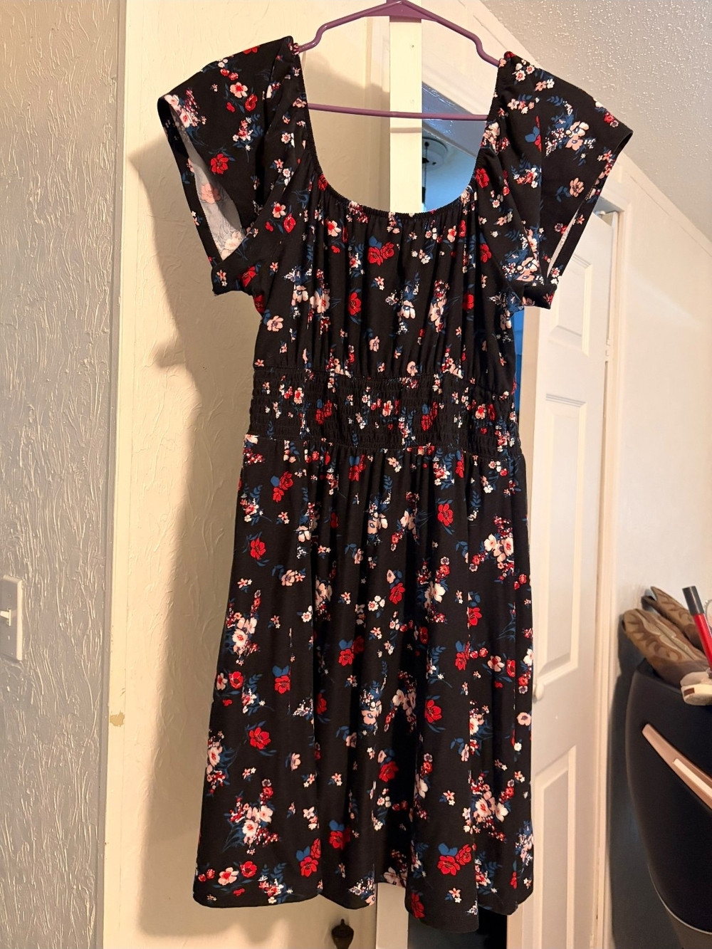 No Boundaries Black Floral Smocked Waist Dress with Red & Blue Accents